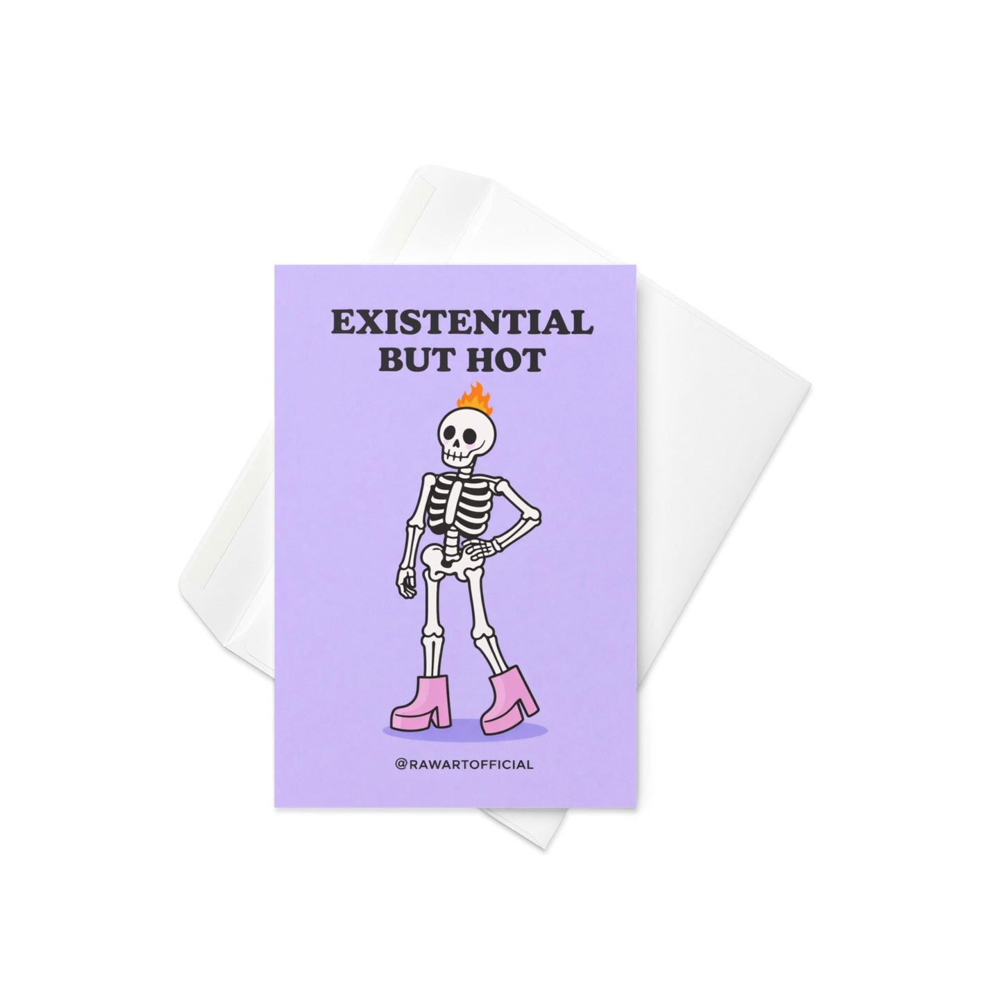 Funny greeting card with skeleton in pink boots and text “existential but hot” on purple background