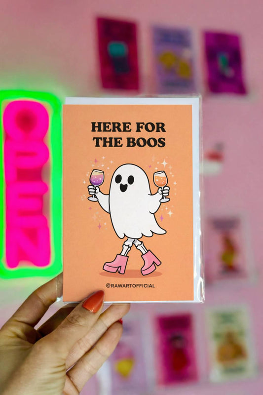 Spooky ghost greeting card with “here for the boos” drinking joke on festive Halloween style background