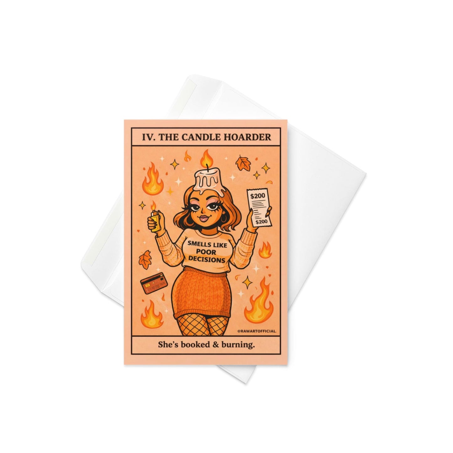 Funny tarot style greeting card with woman holding candles and receipt, text “the candle hoarder” on warm orange background