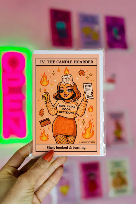 Funny tarot style greeting card with woman holding candles and receipt, text “the candle hoarder” on warm orange background