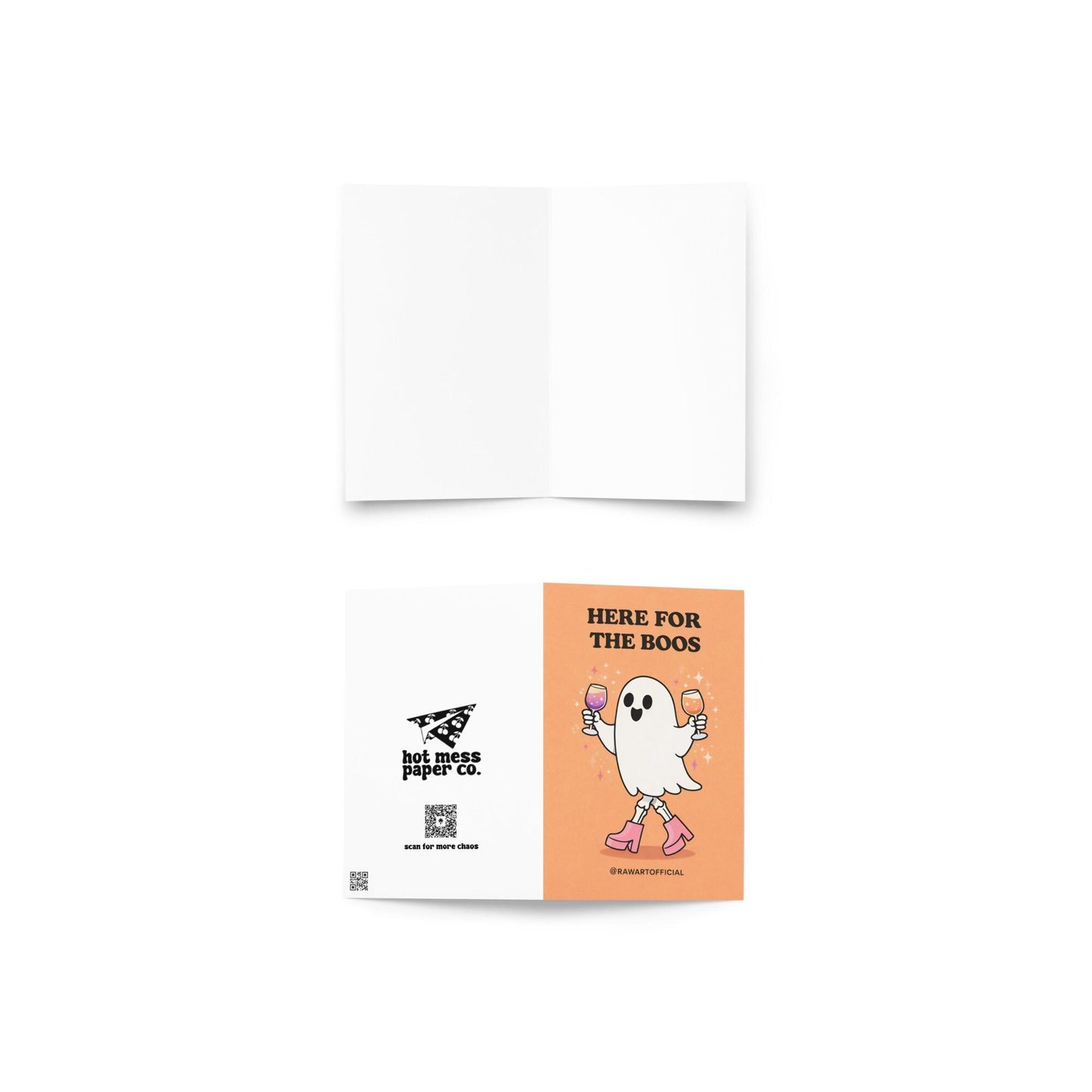 Spooky ghost greeting card with “here for the boos” drinking joke on festive Halloween style background