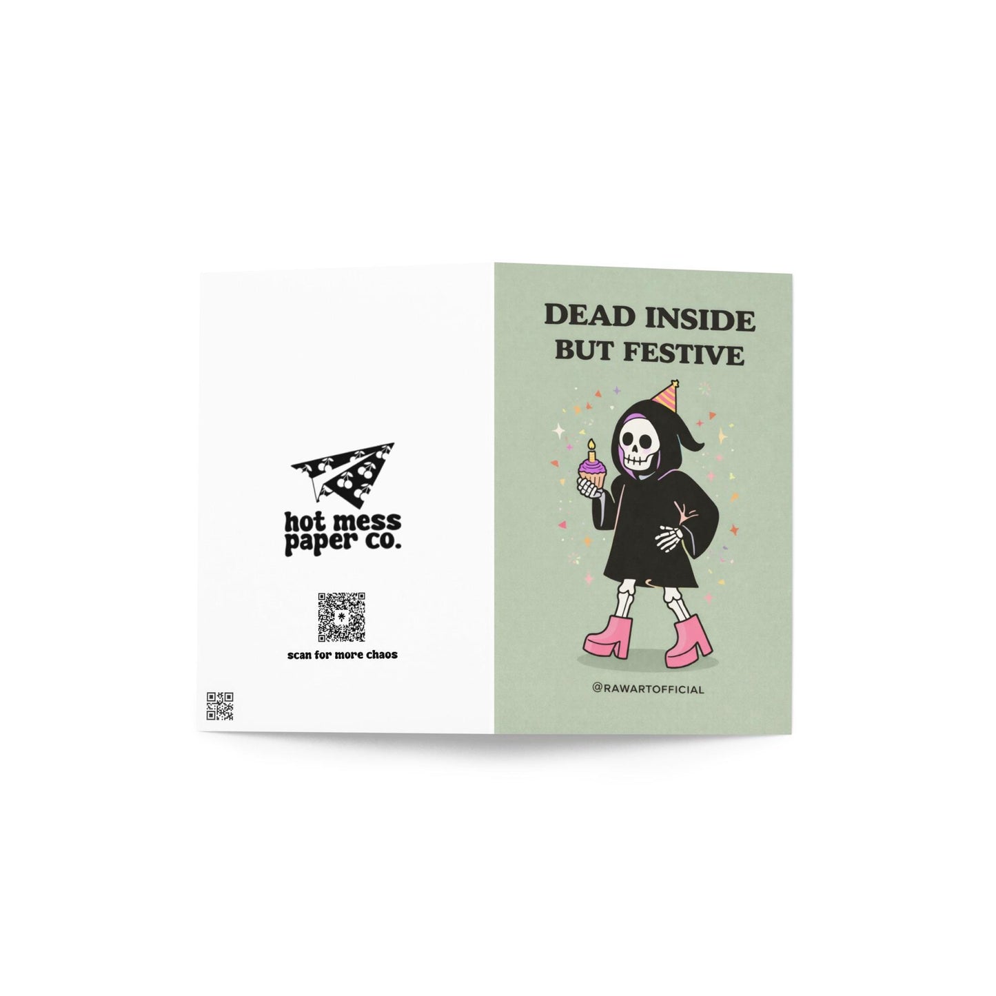 Spooky greeting card with text “Dead inside but festive” on light background with minimalist Halloween style