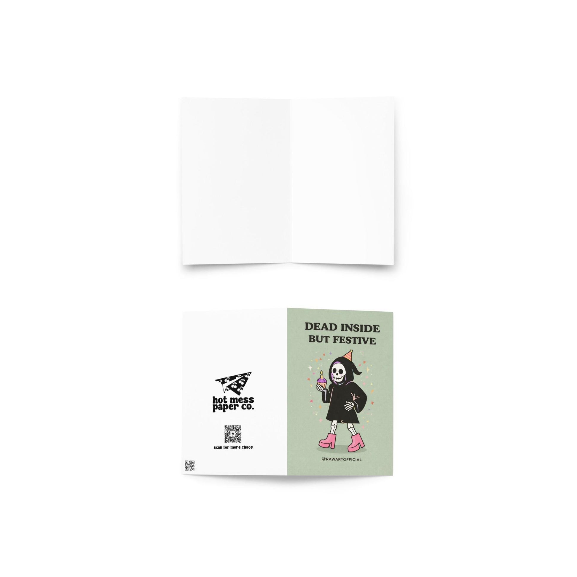 Spooky greeting card with text “Dead inside but festive” on light background with minimalist Halloween style