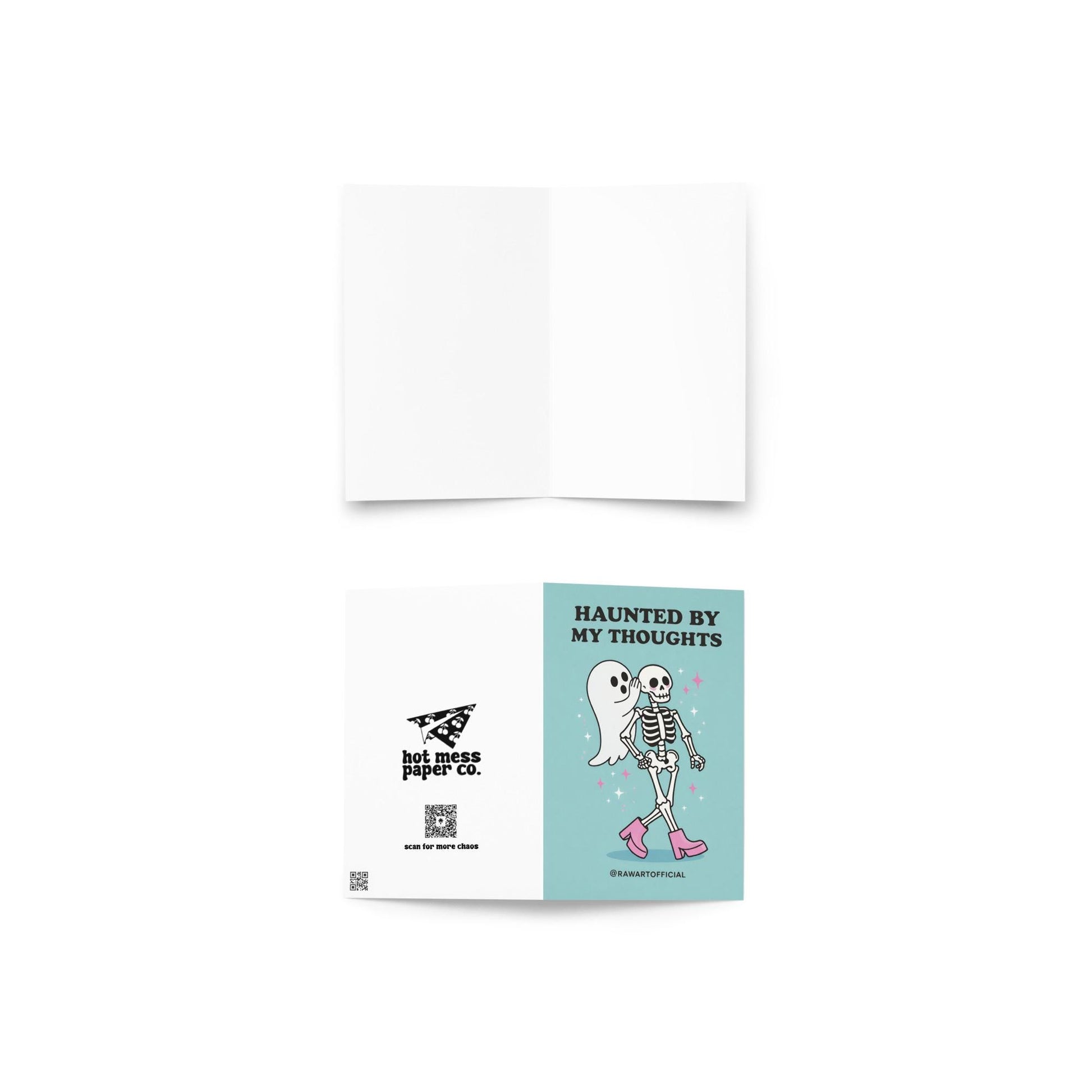 Spooky ghost greeting card with ghost whispering to skeleton and text “Haunted by my thoughts” on blue background