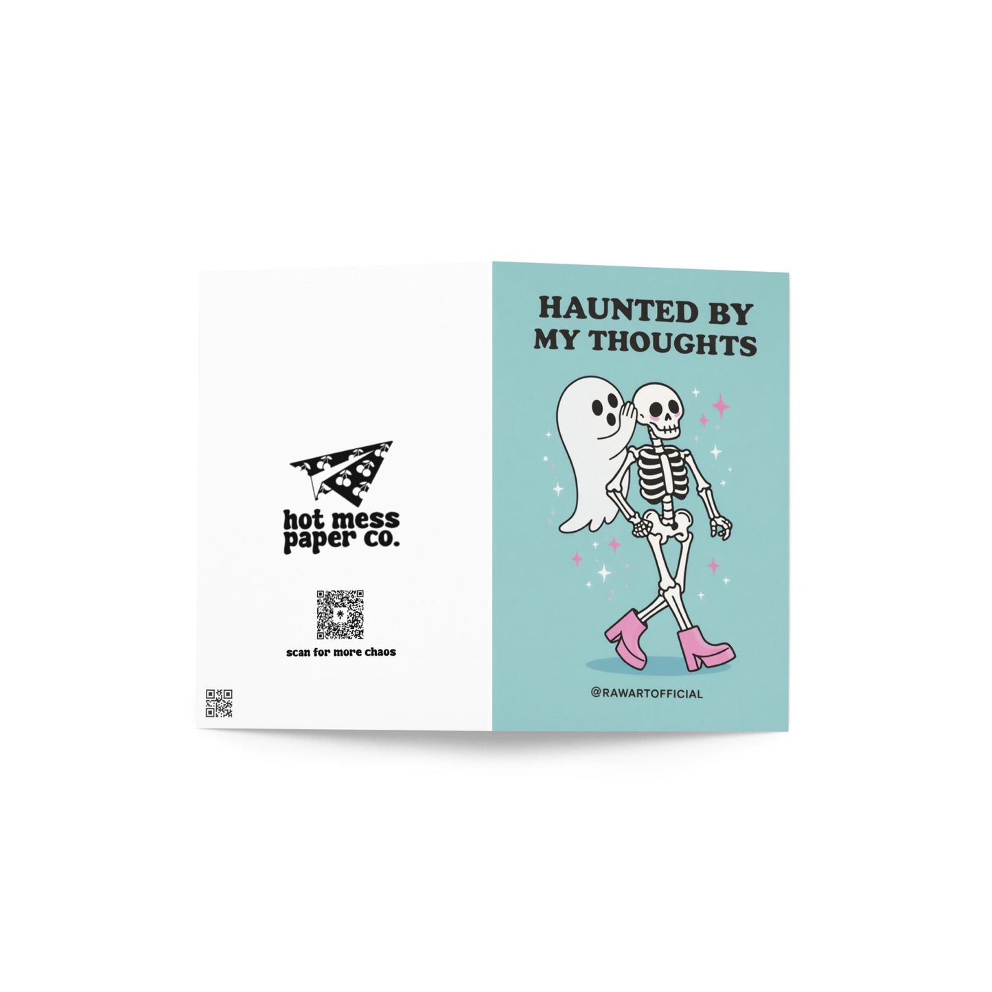 Spooky ghost greeting card with ghost whispering to skeleton and text “Haunted by my thoughts” on blue background