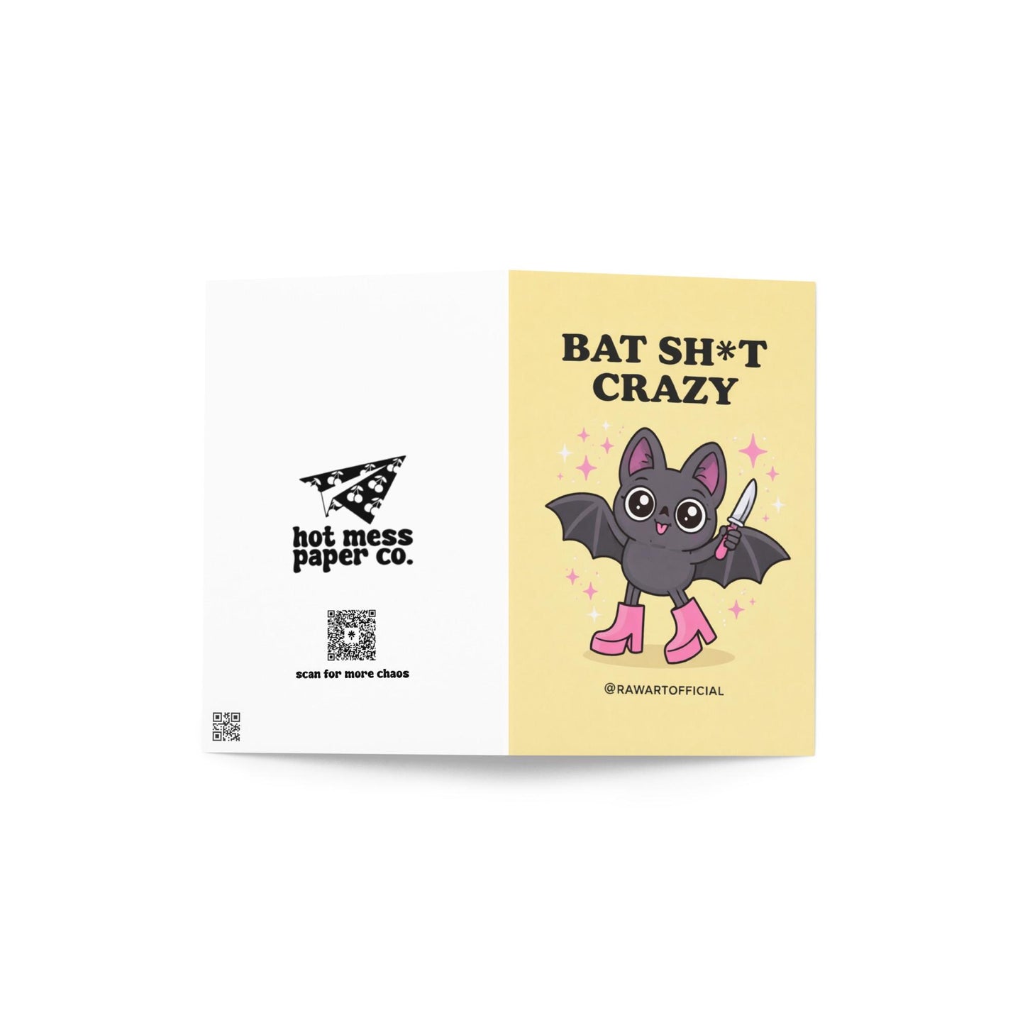Spooky bat greeting card with cute bat holding knife and text “Batshit Crazy” on yellow background