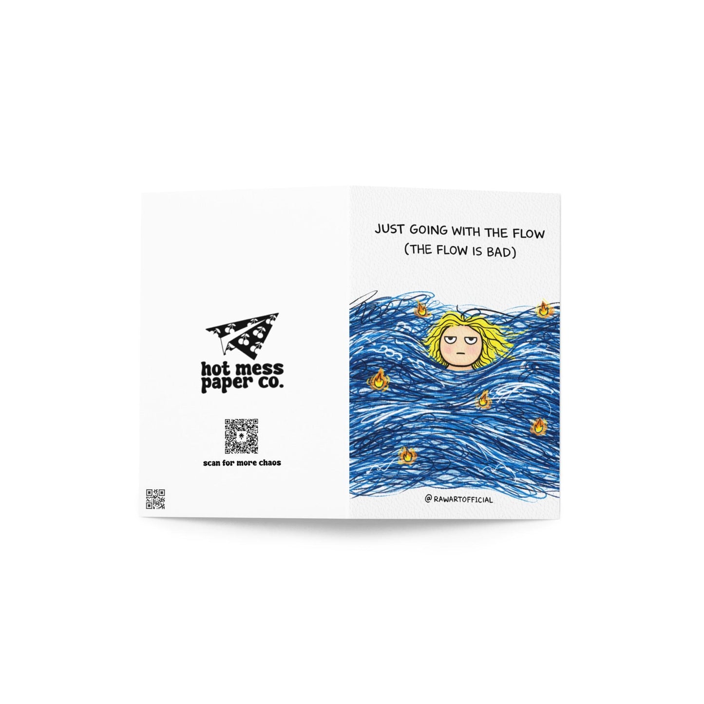 Funny greeting card with scribble waves and tired person floating, text “just going with the flow the flow is bad” on white background