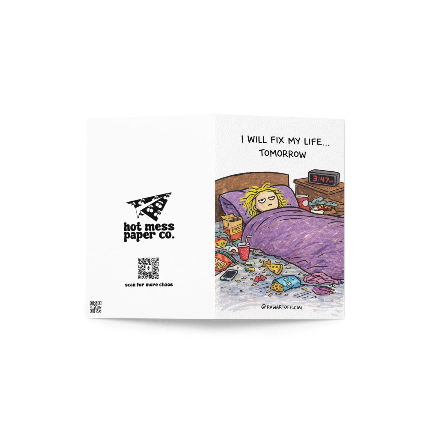 Funny relatable procrastination card showing messy bedroom scene with girl in bed and text “I will fix my life tomorrow”