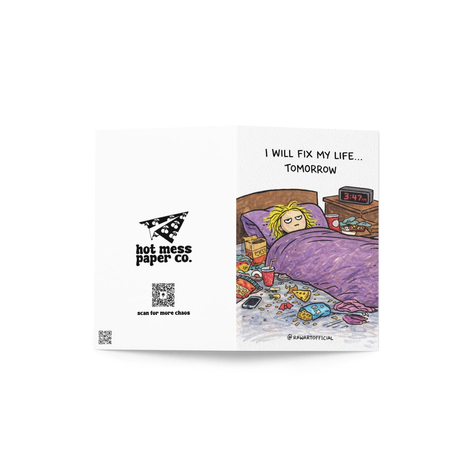 Funny relatable procrastination card showing messy bedroom scene with girl in bed and text “I will fix my life tomorrow”