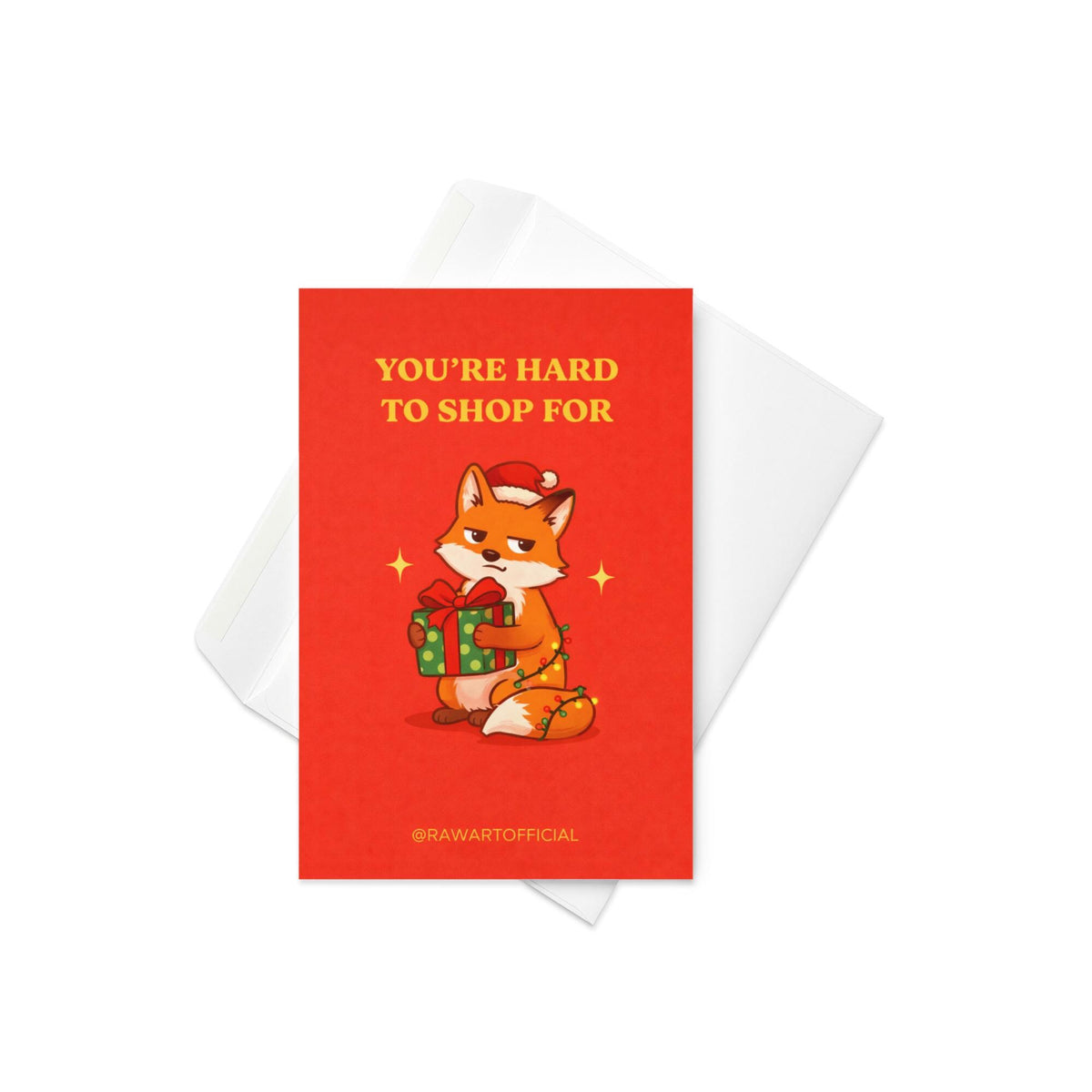 Funny Christmas greeting card with text “You’re hard to shop for” and fox holding gift illustration on red background