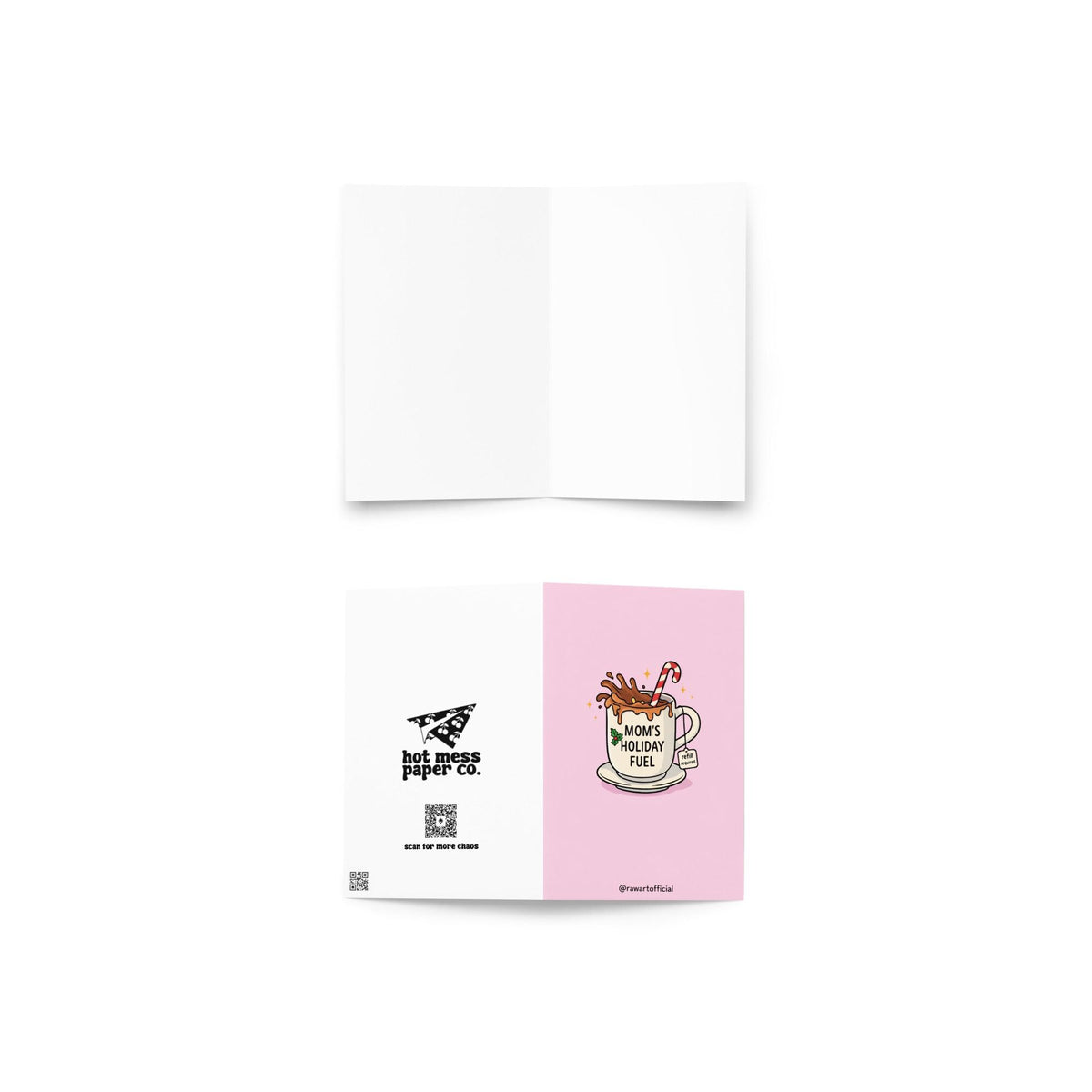 Funny Christmas card for mom with coffee mug reading “mom’s holiday fuel” and candy cane on pink background