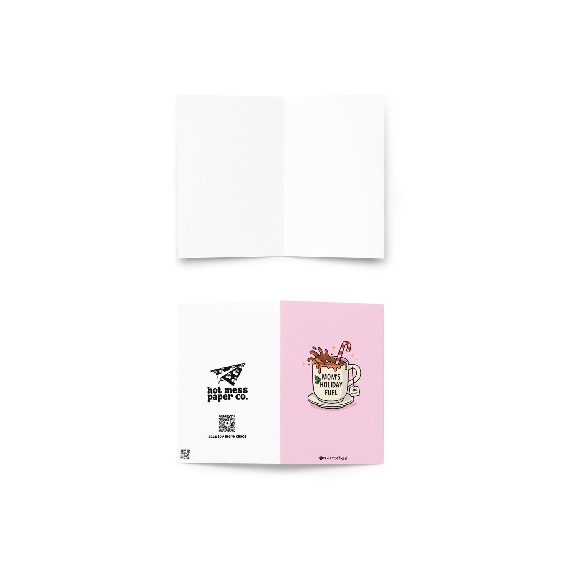 Funny Christmas card for mom with coffee mug reading “mom’s holiday fuel” and candy cane on pink background