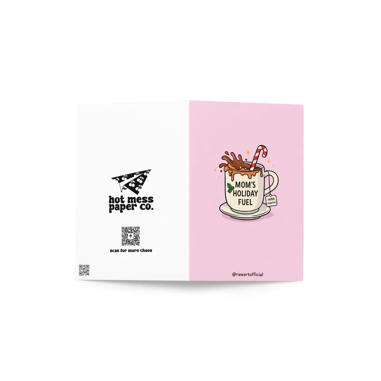 Funny Christmas card for mom with coffee mug reading “mom’s holiday fuel” and candy cane on pink background