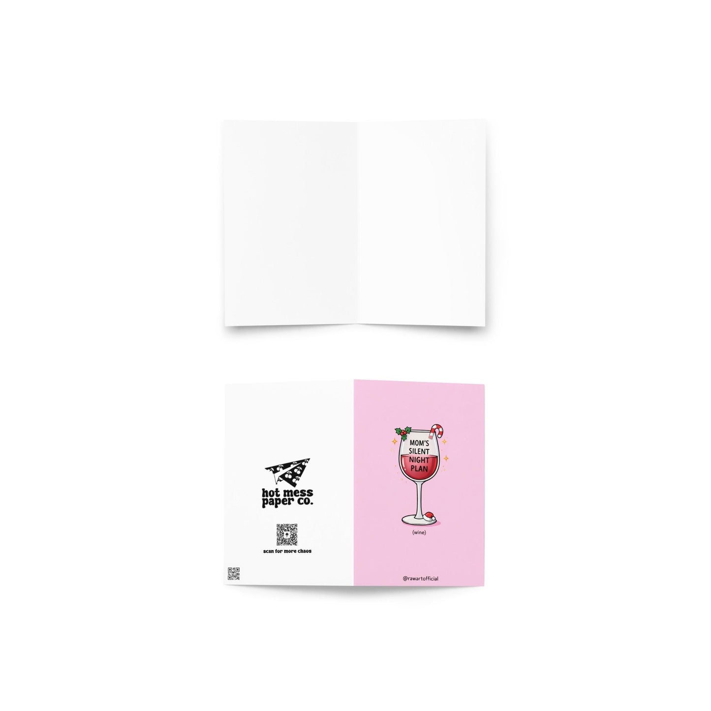 Funny Christmas card for mom with wine glass reading “mom’s silent night plan” on pink background