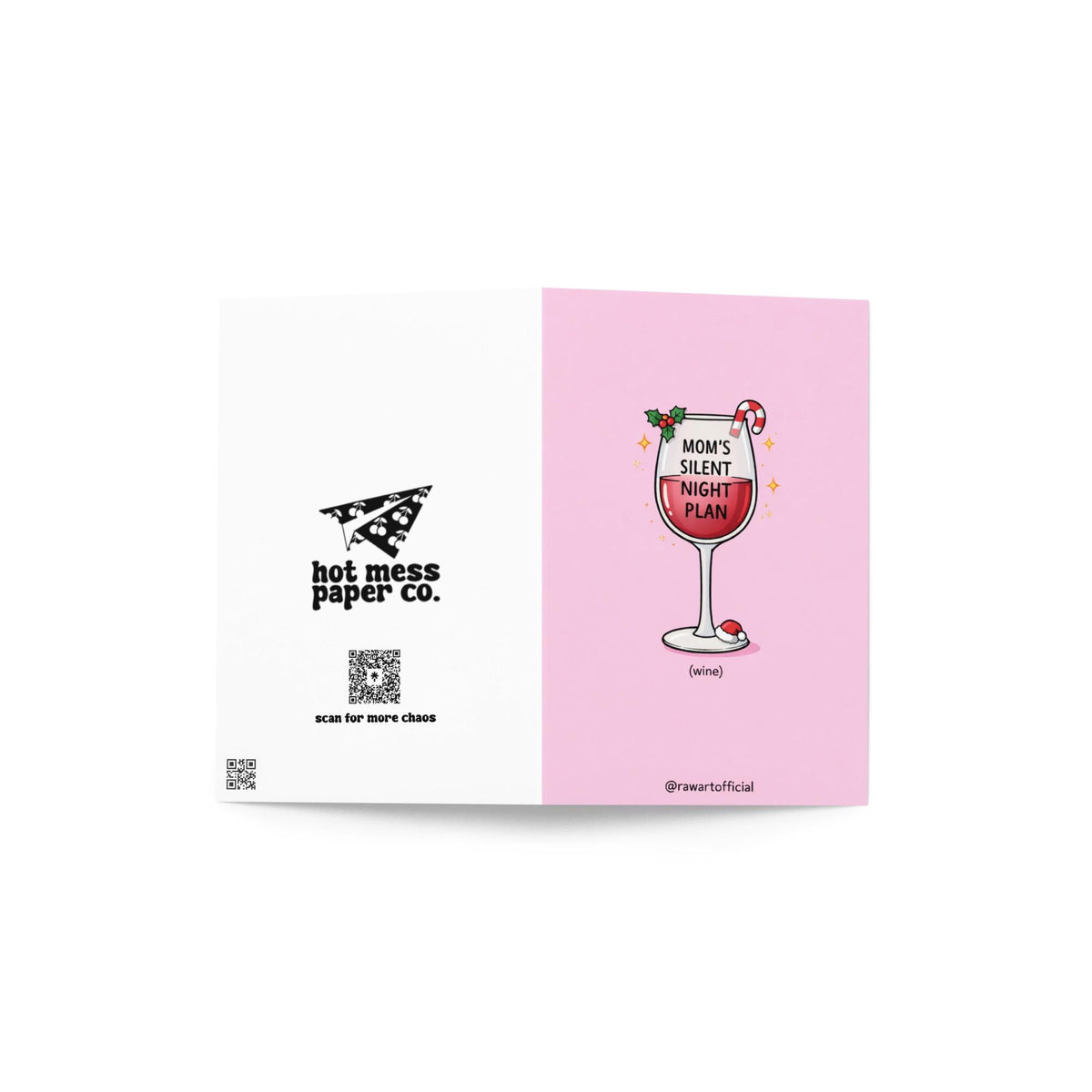 Funny Christmas card for mom with wine glass reading “mom’s silent night plan” on pink background