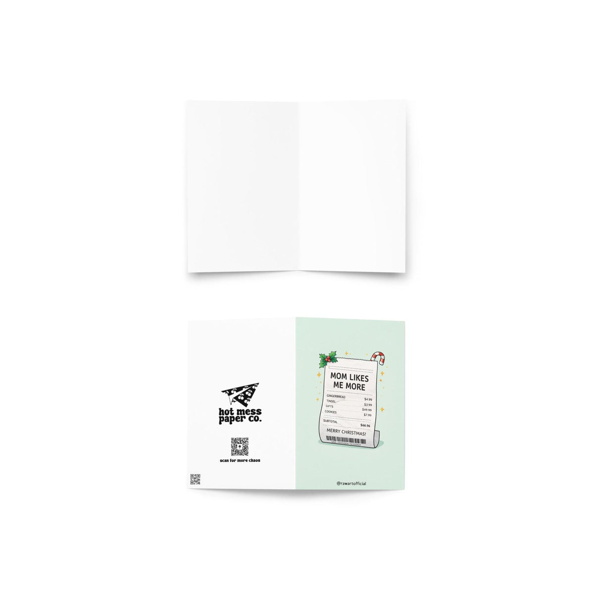 Funny Christmas sibling card with receipt design reading “mom likes me more” on light blue background