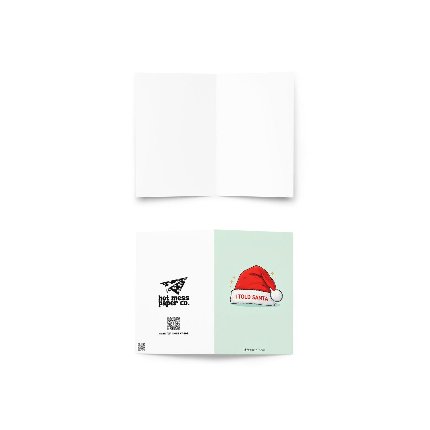 Funny sibling rivalry Christmas card with Santa hat design reading “I told Santa” on light blue background