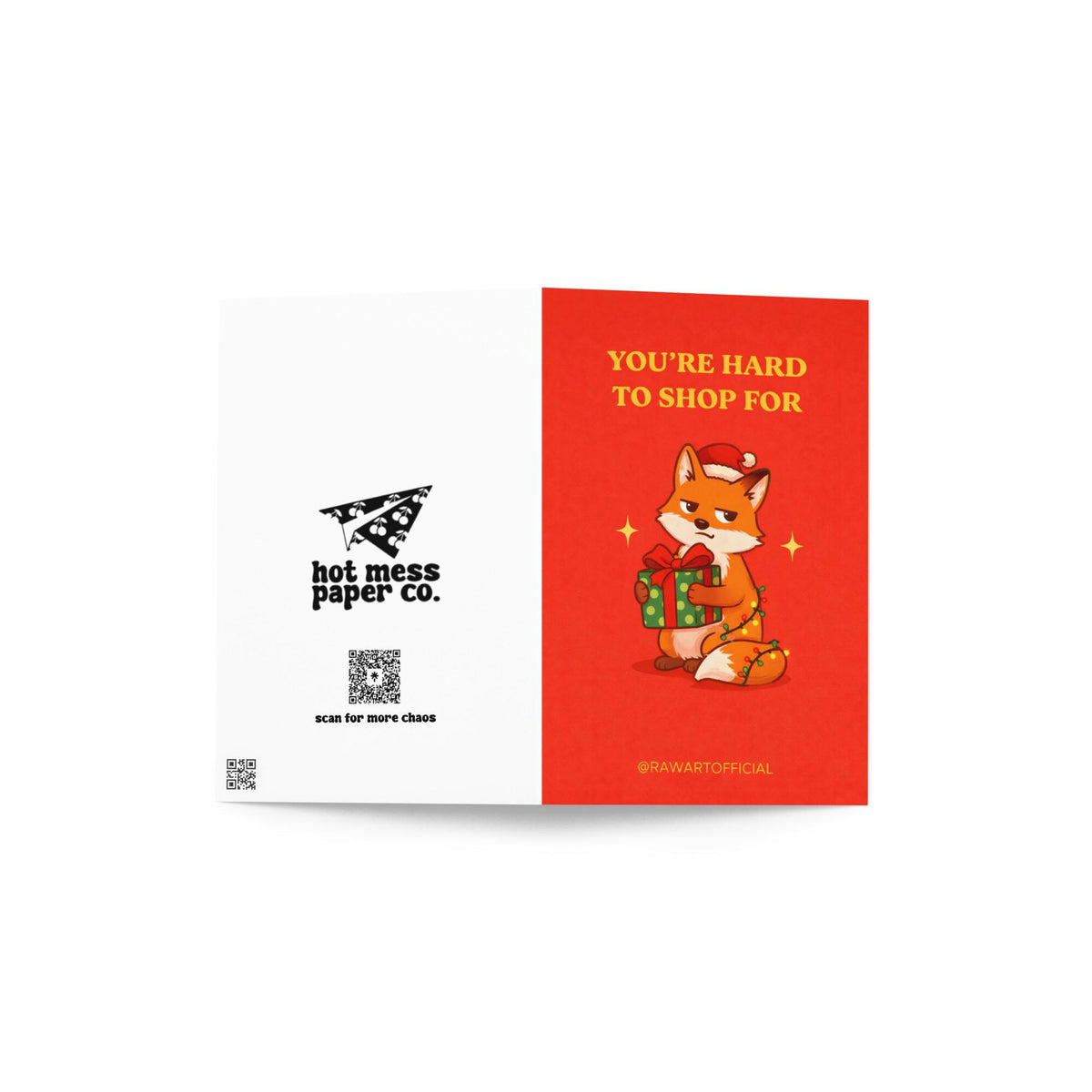 Funny Christmas greeting card with text “You’re hard to shop for” and fox holding gift illustration on red background