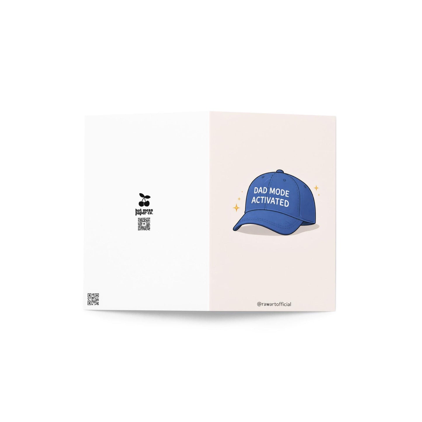 Funny dad greeting card featuring a blue hat that says “Dad Mode Activated” on a clean white background