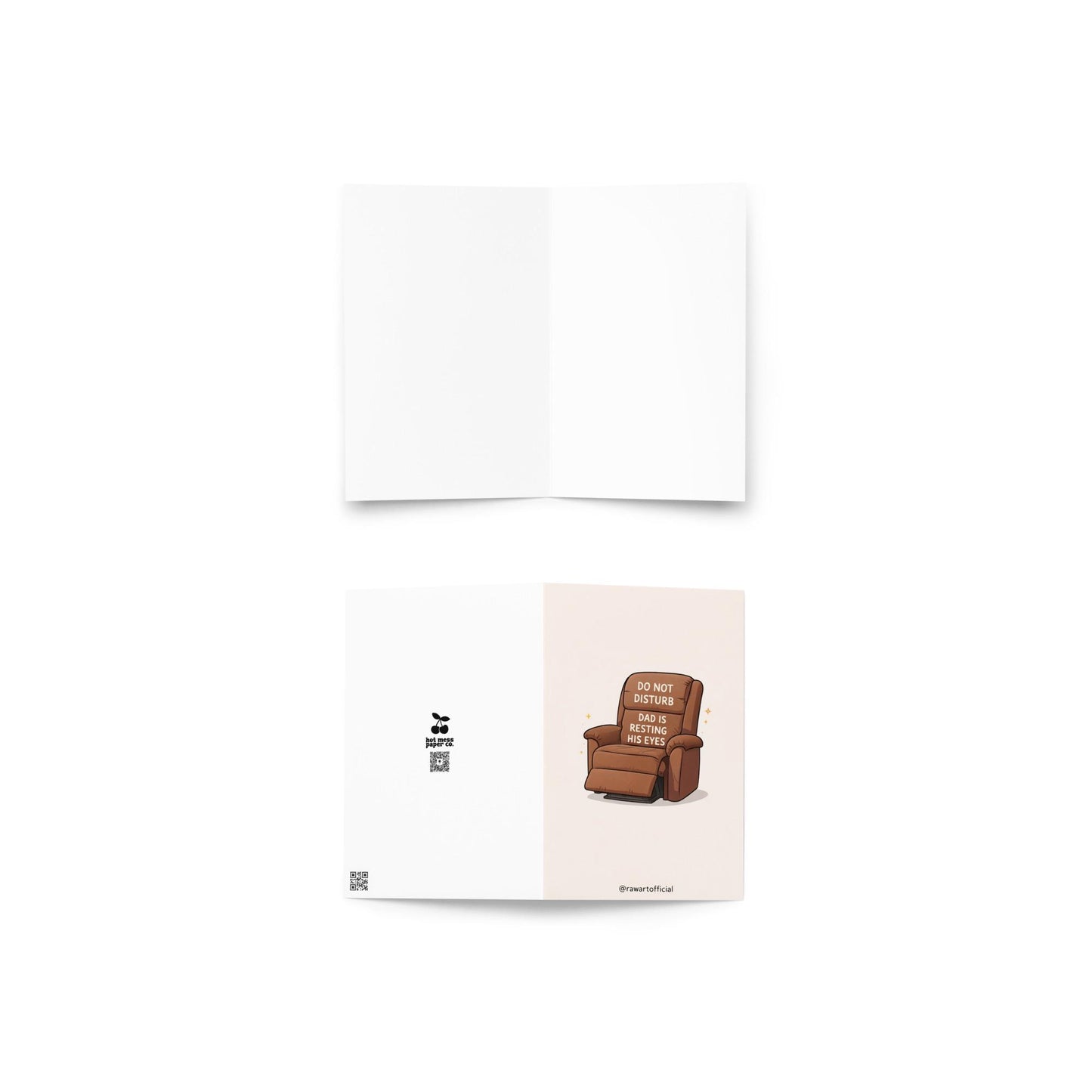 Funny dad greeting card featuring a recliner chair labeled “Do Not Disturb Dad Is Resting His Eyes” on a white background