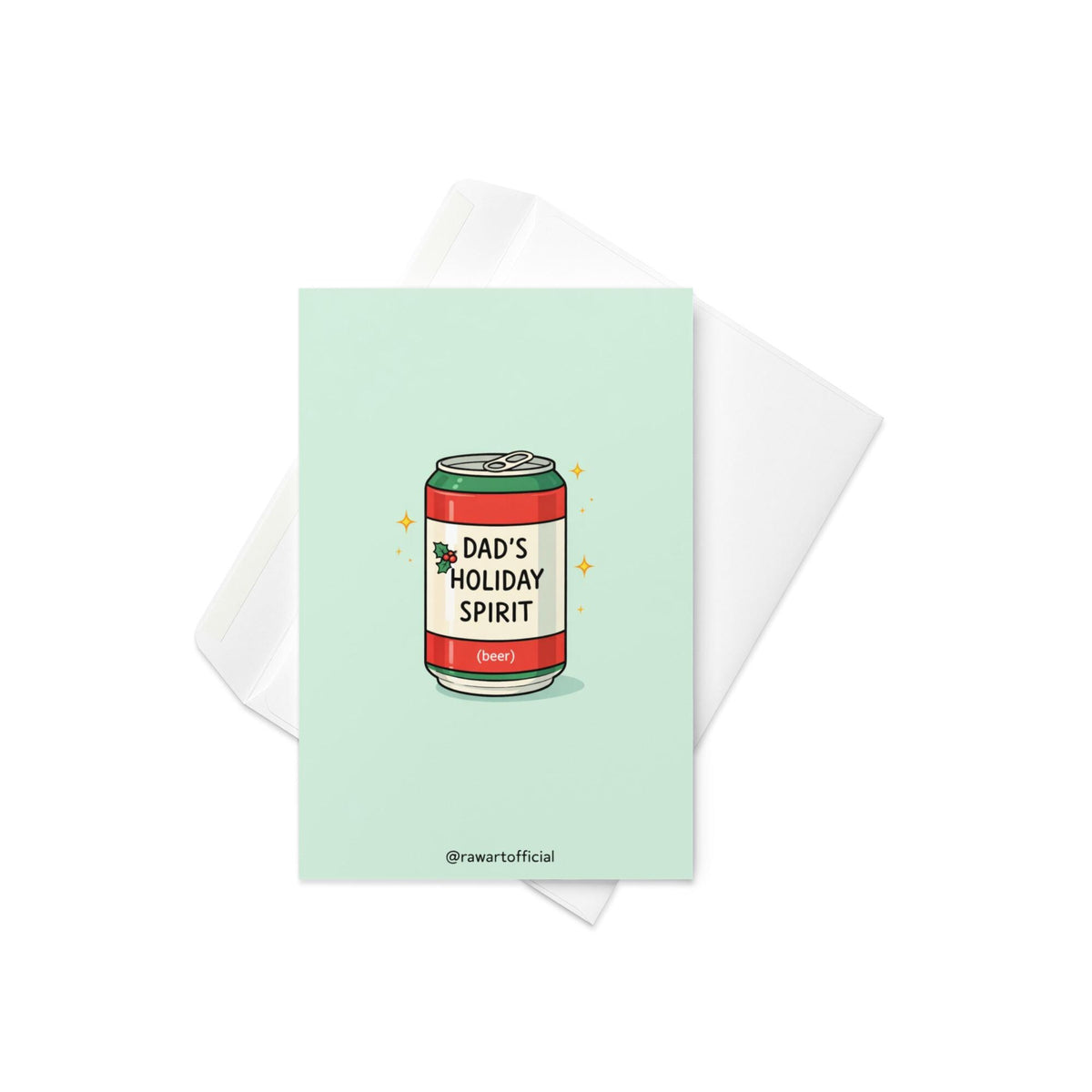 Funny Christmas card for dad featuring a beer can labeled “Dad’s Holiday Spirit” on a light blue background
