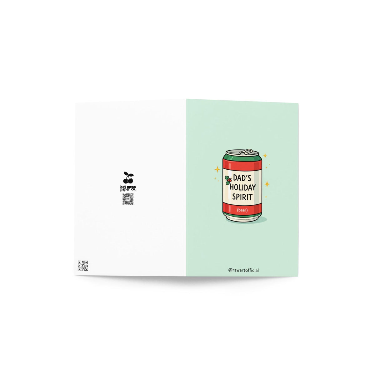 Funny Christmas card for dad featuring a beer can labeled “Dad’s Holiday Spirit” on a light blue background