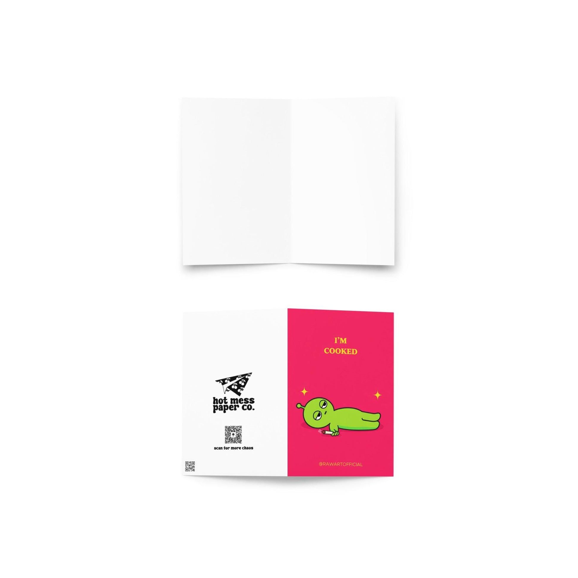 Funny stoner greeting card with green alien lying down holding joint, text says “I’m cooked” on pink background
