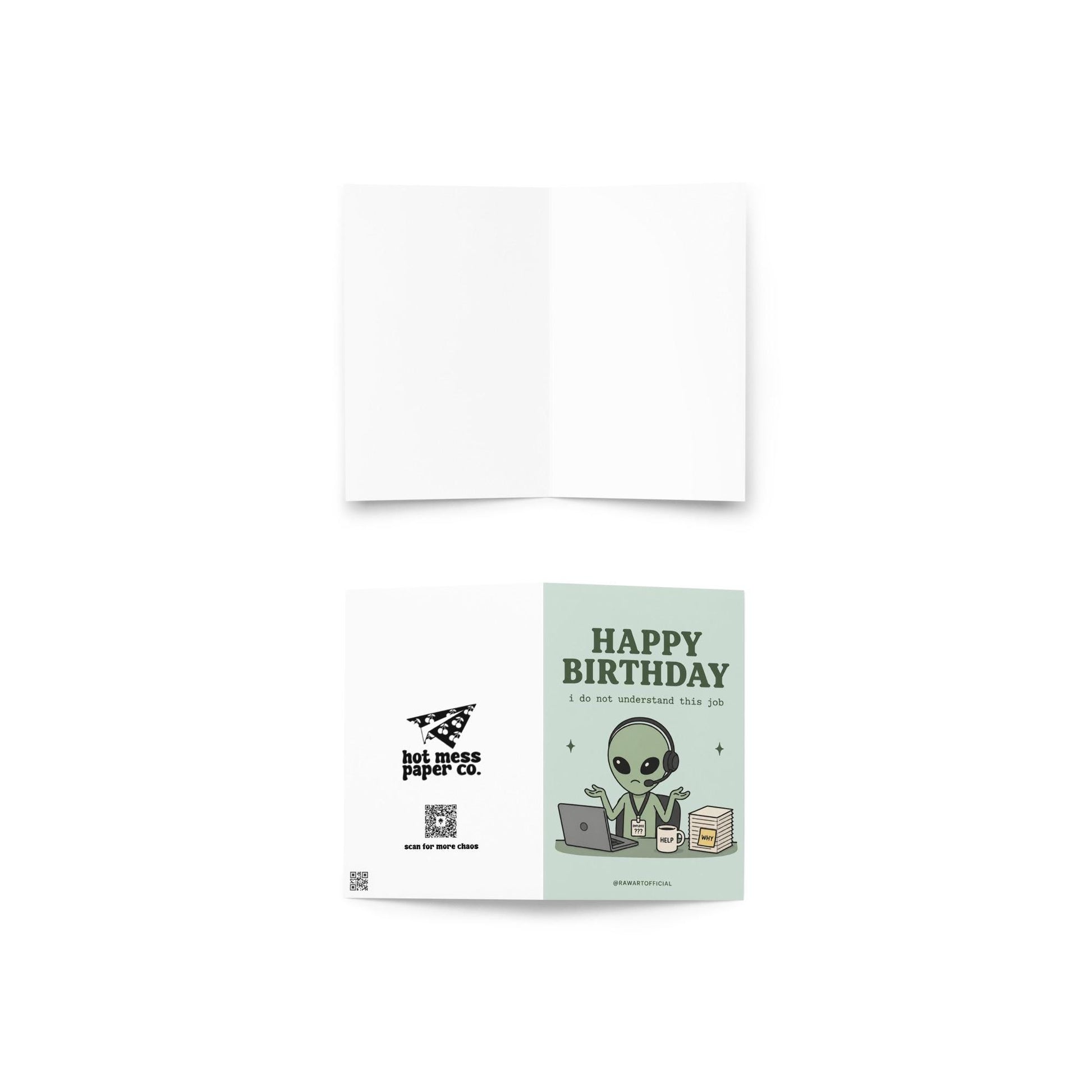 Funny coworker birthday greeting card with confused alien at desk with laptop and headset, text reads “Happy birthday I do not understand this job”