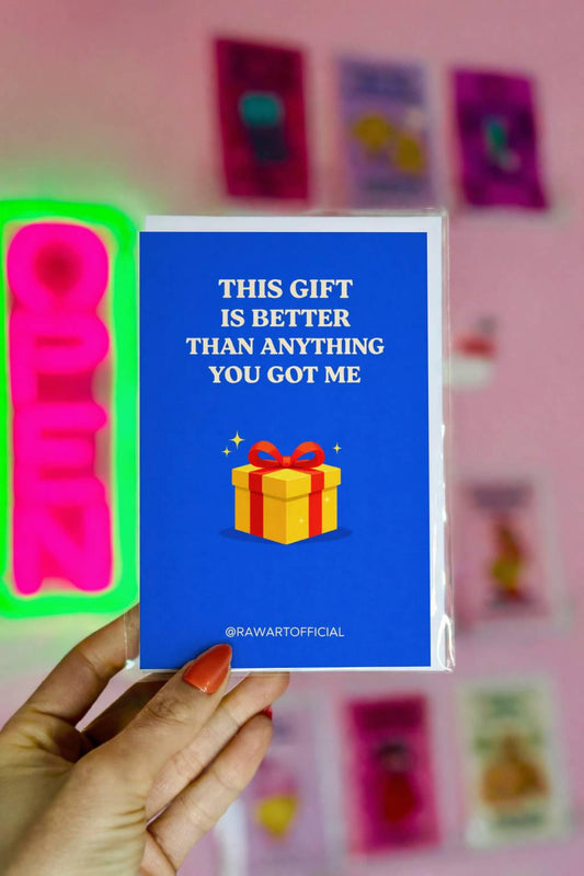 Funny brother Christmas greeting card with text “This gift is better than anything you got me” and present illustration on blue background