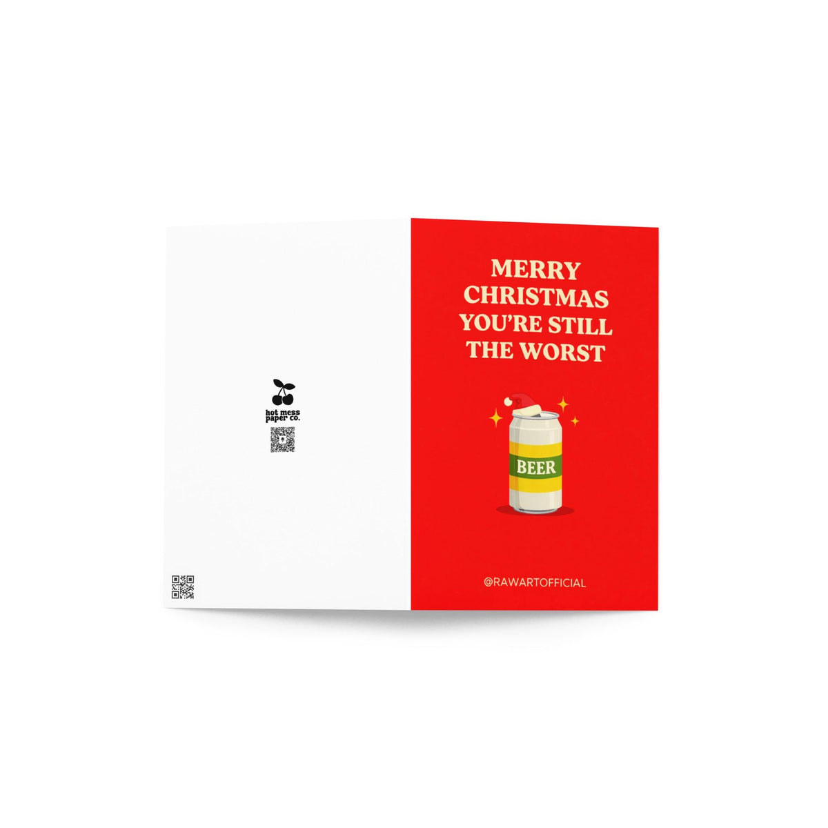 Funny brother Christmas greeting card with text “Merry Christmas you’re still the worst” and beer can illustration on red background