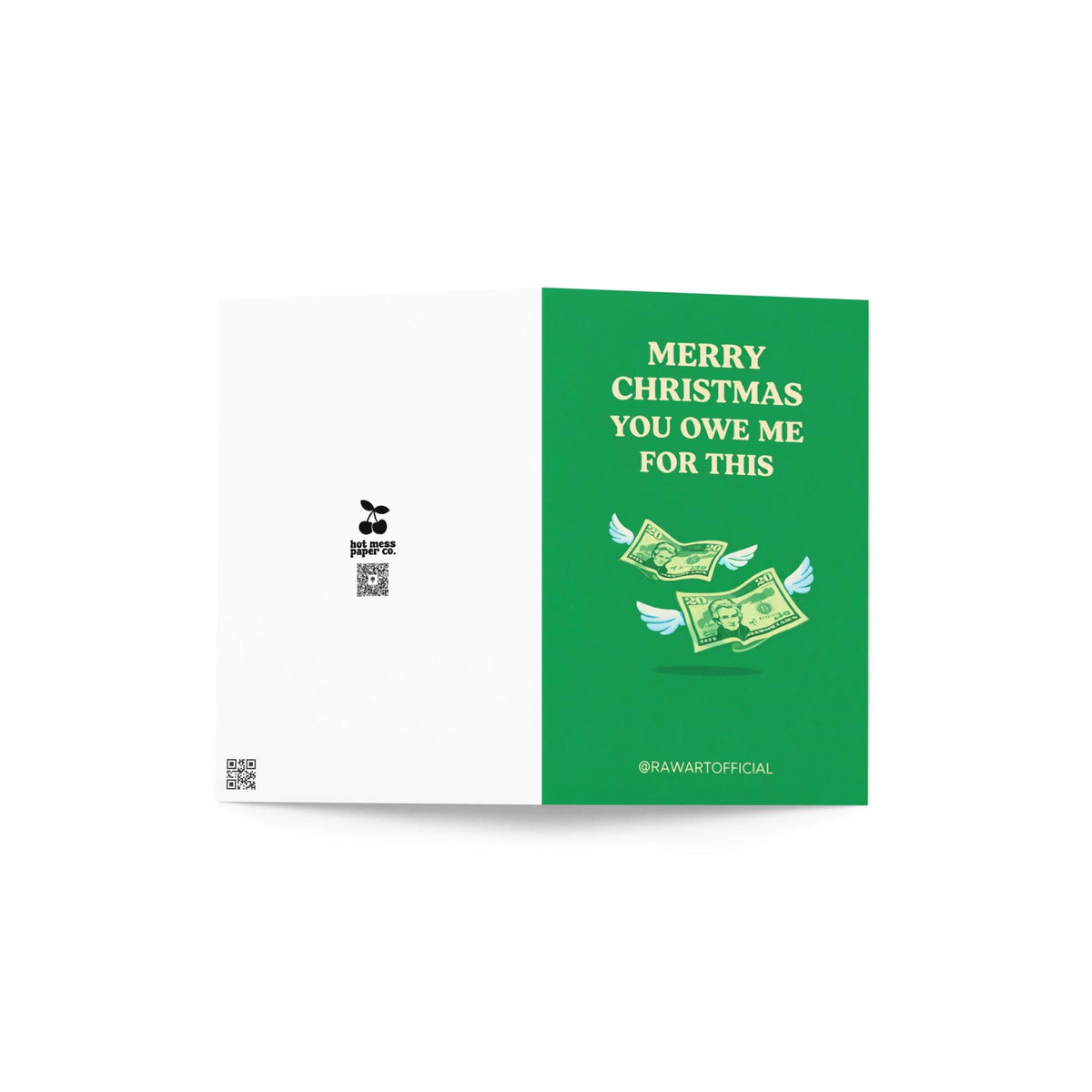 Funny sibling Christmas greeting card with text “Merry Christmas you owe me for this” and flying money illustration on green background