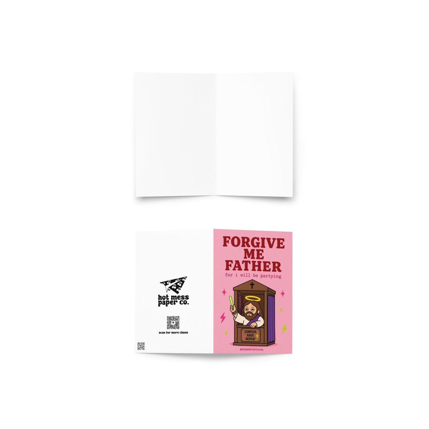 Funny rave birthday card with Jesus in a confessional booth holding glow sticks, text reads “forgive me father for i will be partying”