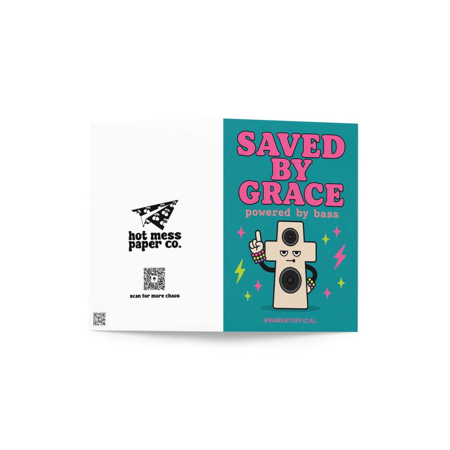 Funny rave birthday greeting card with speaker shaped cross wearing kandi bracelets, text reads “saved by grace powered by bass”
