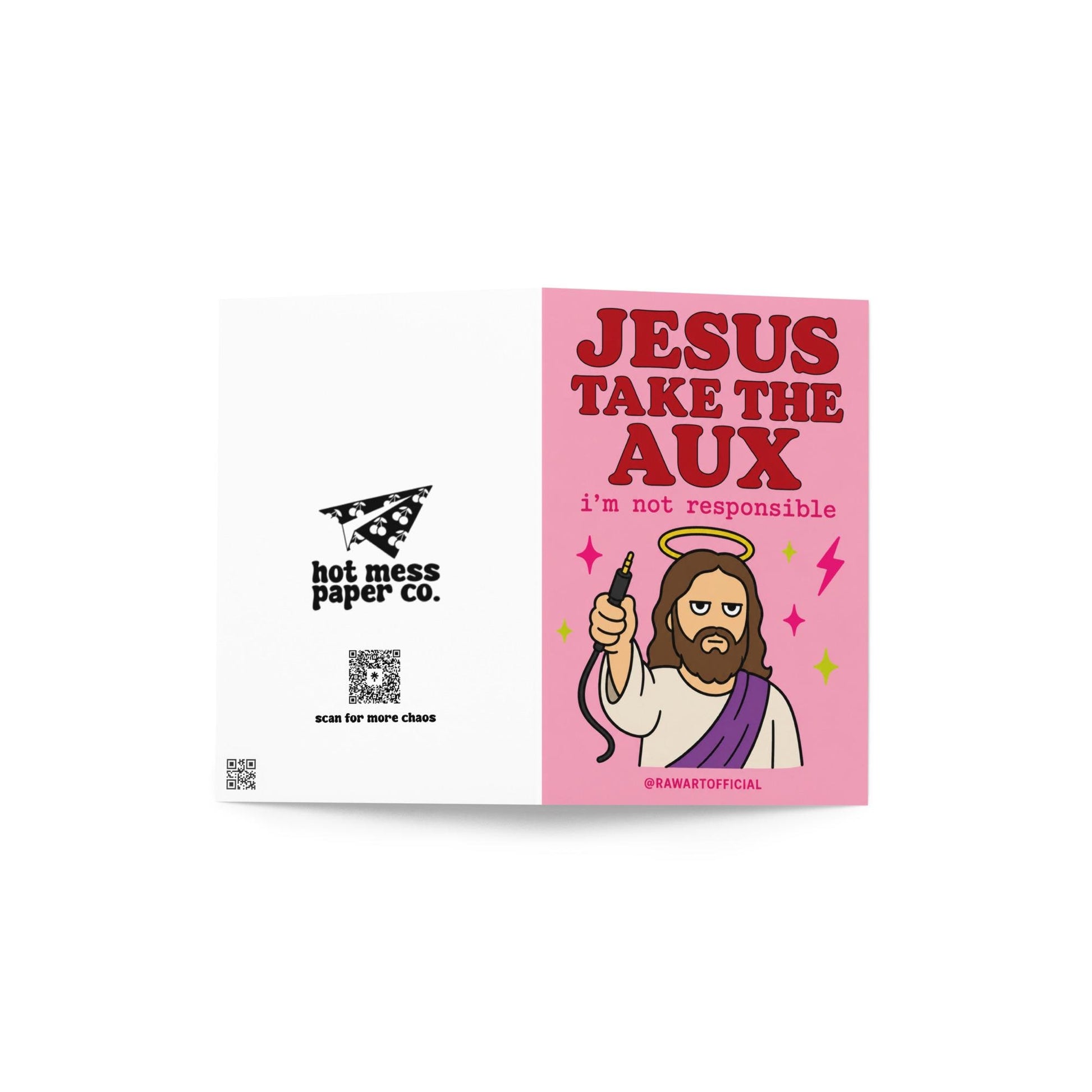 Funny birthday card with Jesus holding aux cord, text says “jesus take the aux i’m not responsible”