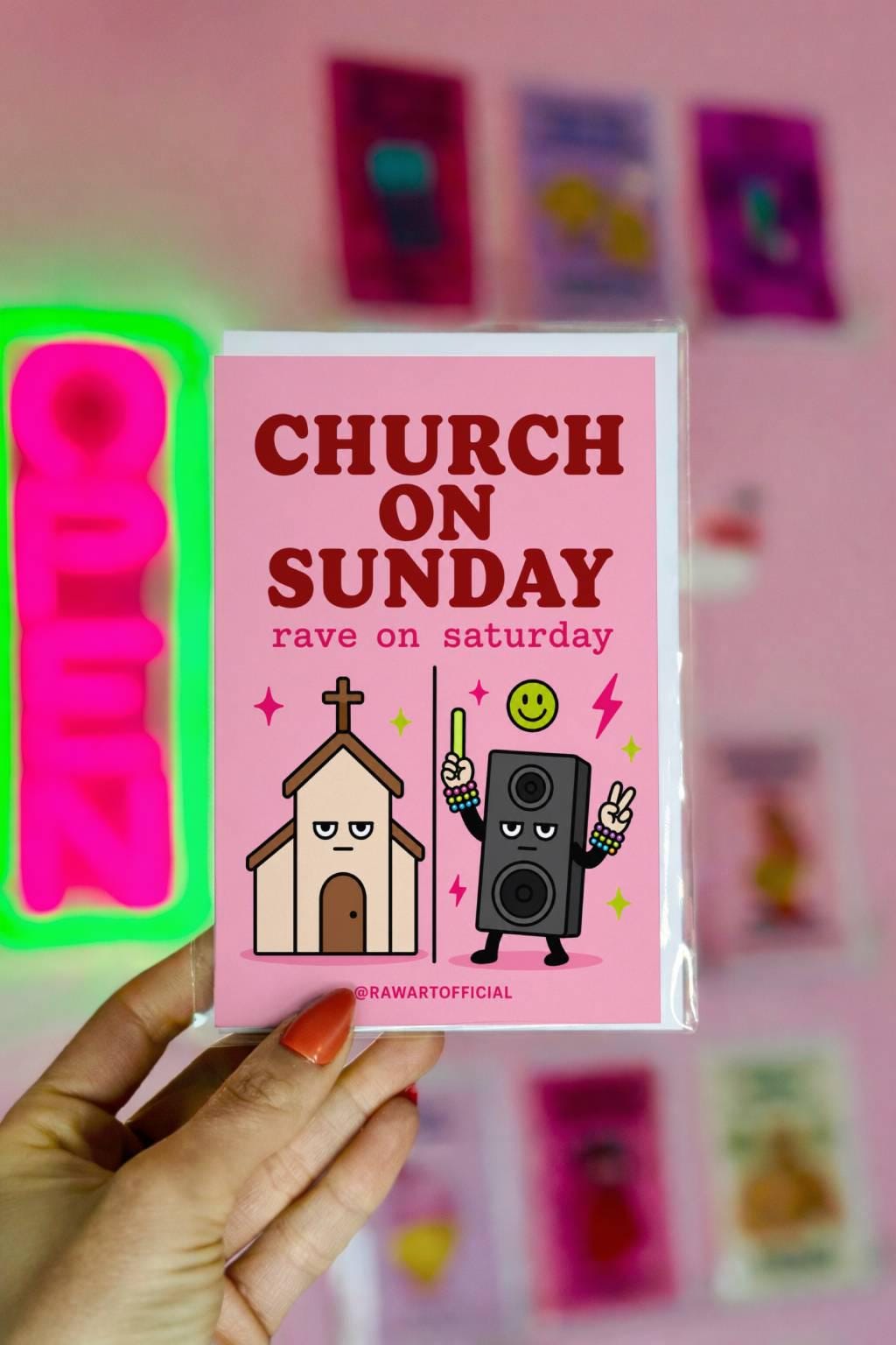 Funny birthday card with church and rave speaker characters, text says “church on sunday rave on saturday”