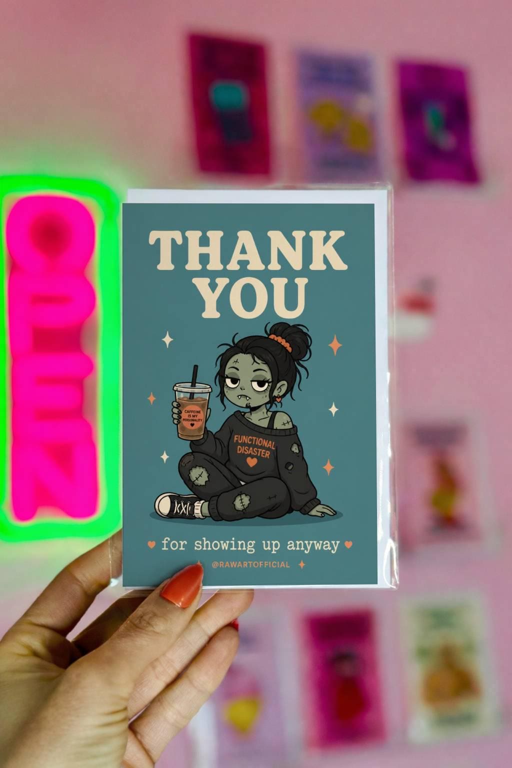 Funny spooky thank you card with tired zombie girl holding coffee, text says “thank you for showing up anyway”
