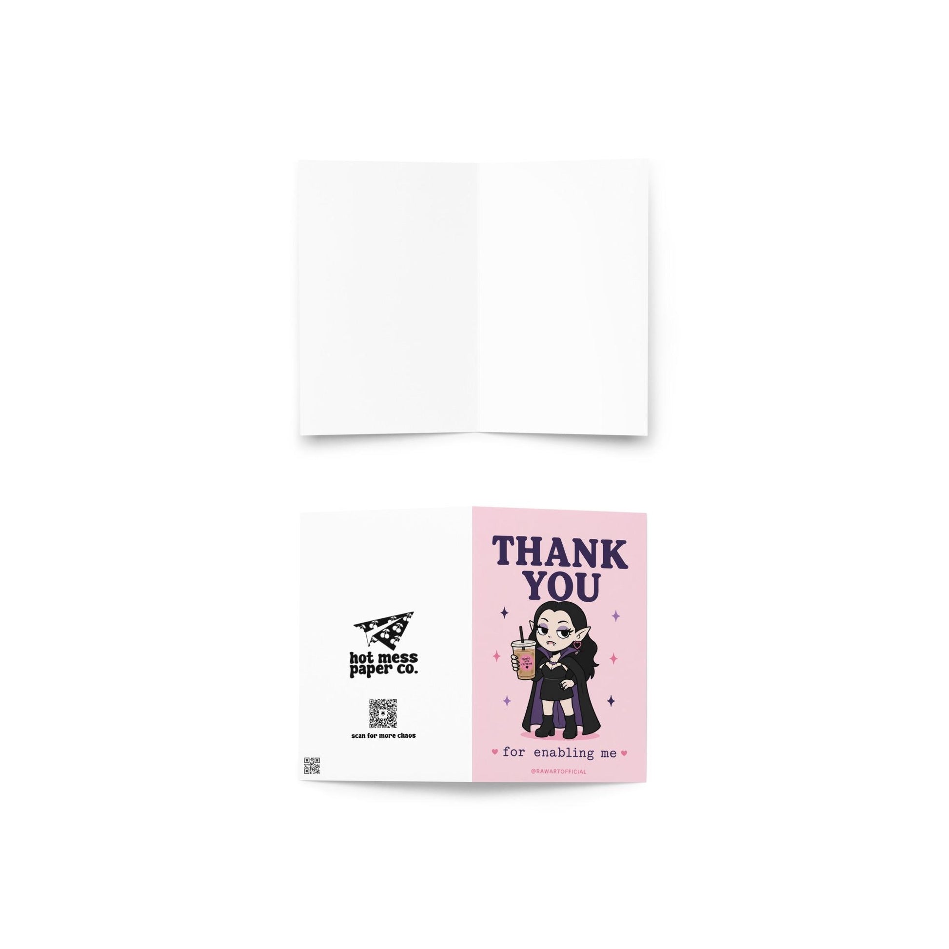 Funny goth vampire thank you card holding iced coffee, text says “thank you for enabling me”