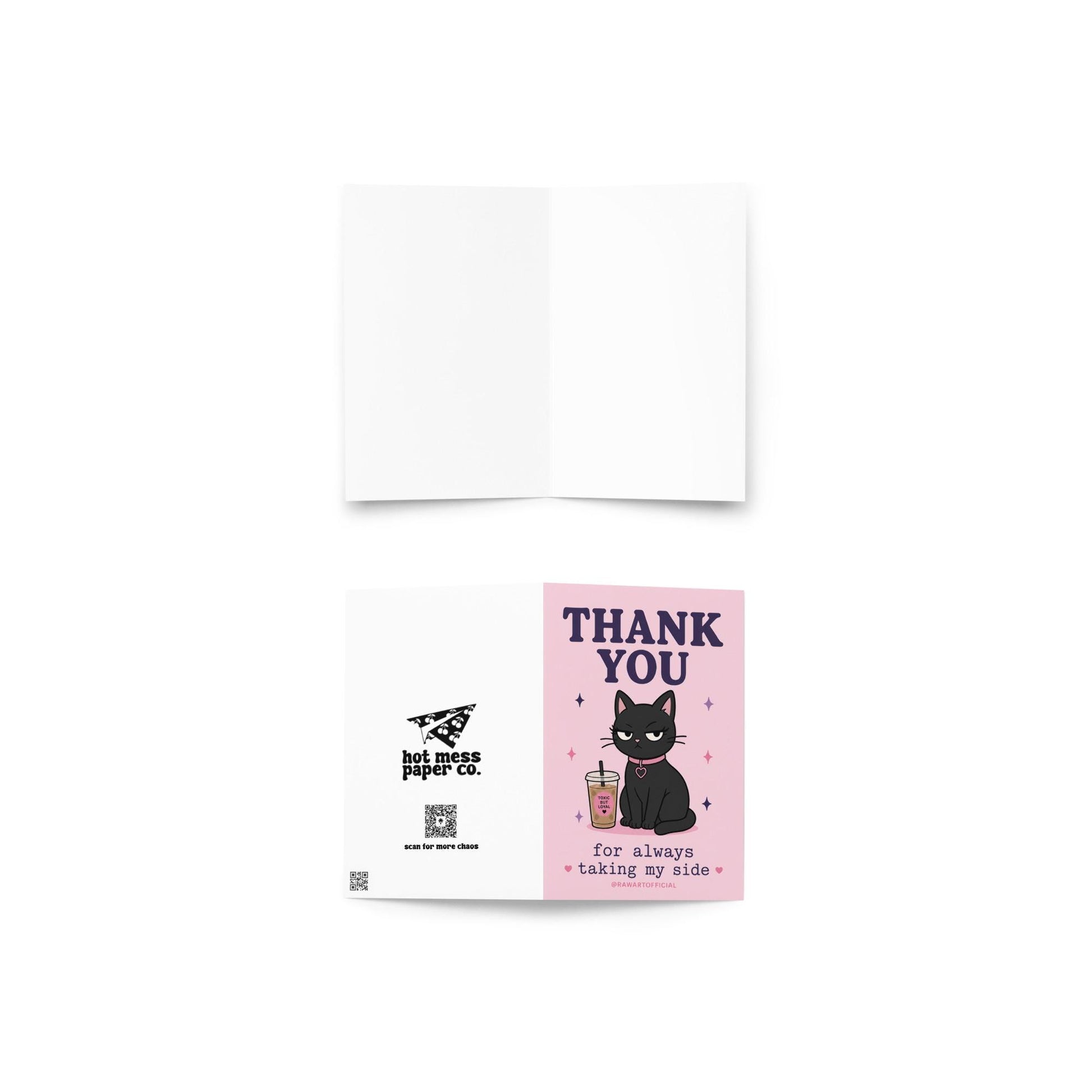 Funny black cat thank you card with iced coffee, text says “thank you for always taking my side”