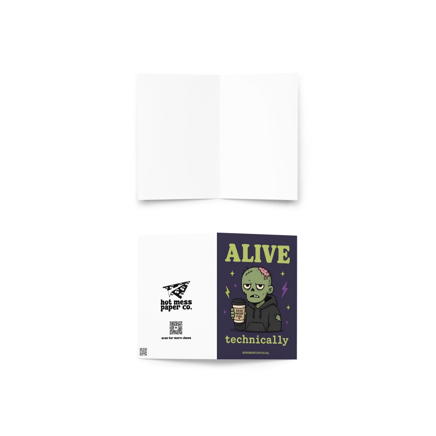 Funny zombie birthday card holding coffee, text says “alive technically”