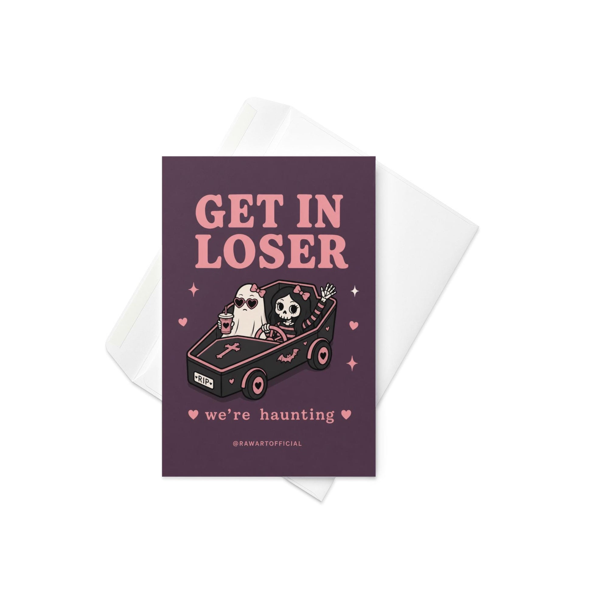 Funny spooky card with skeleton and ghost in hearse saying get in loser we are haunting