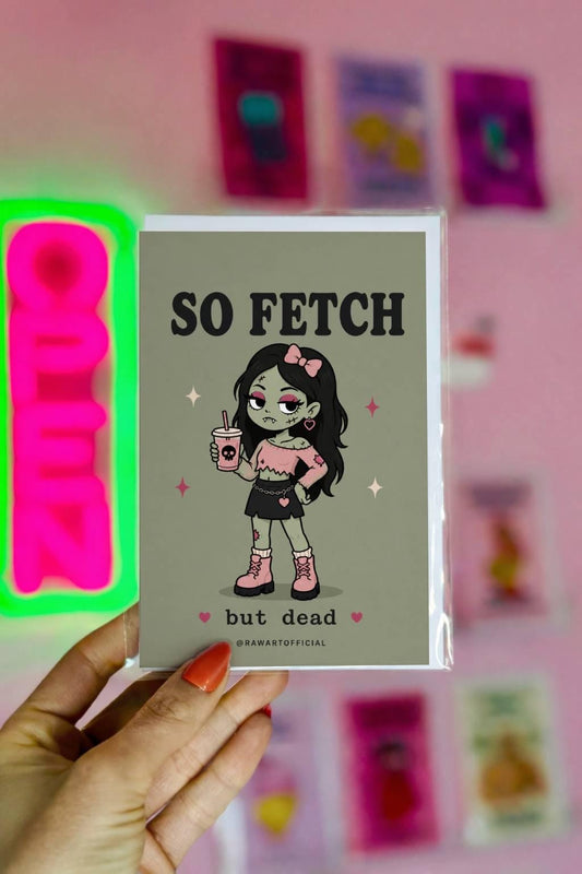 Funny spooky card with zombie girl holding iced coffee saying so fetch but dead