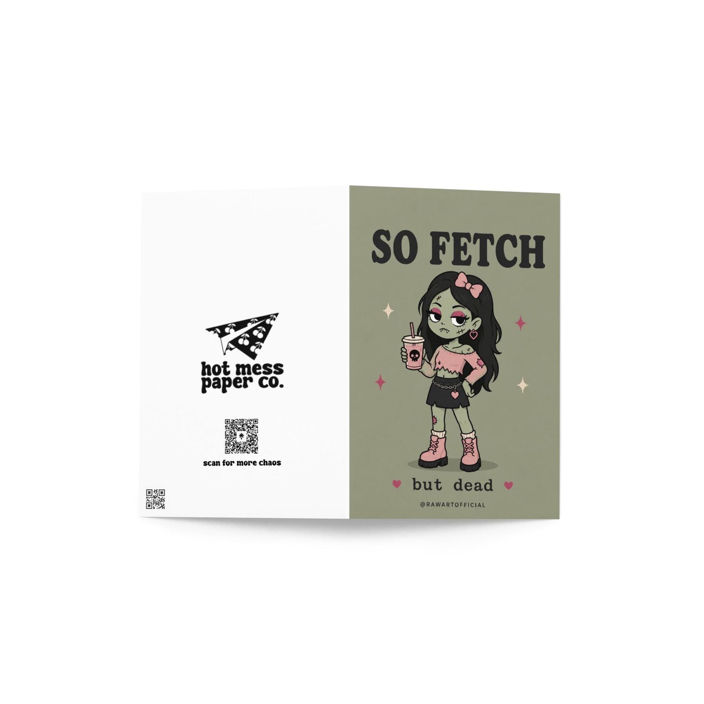 Funny spooky card with zombie girl holding iced coffee saying so fetch but dead