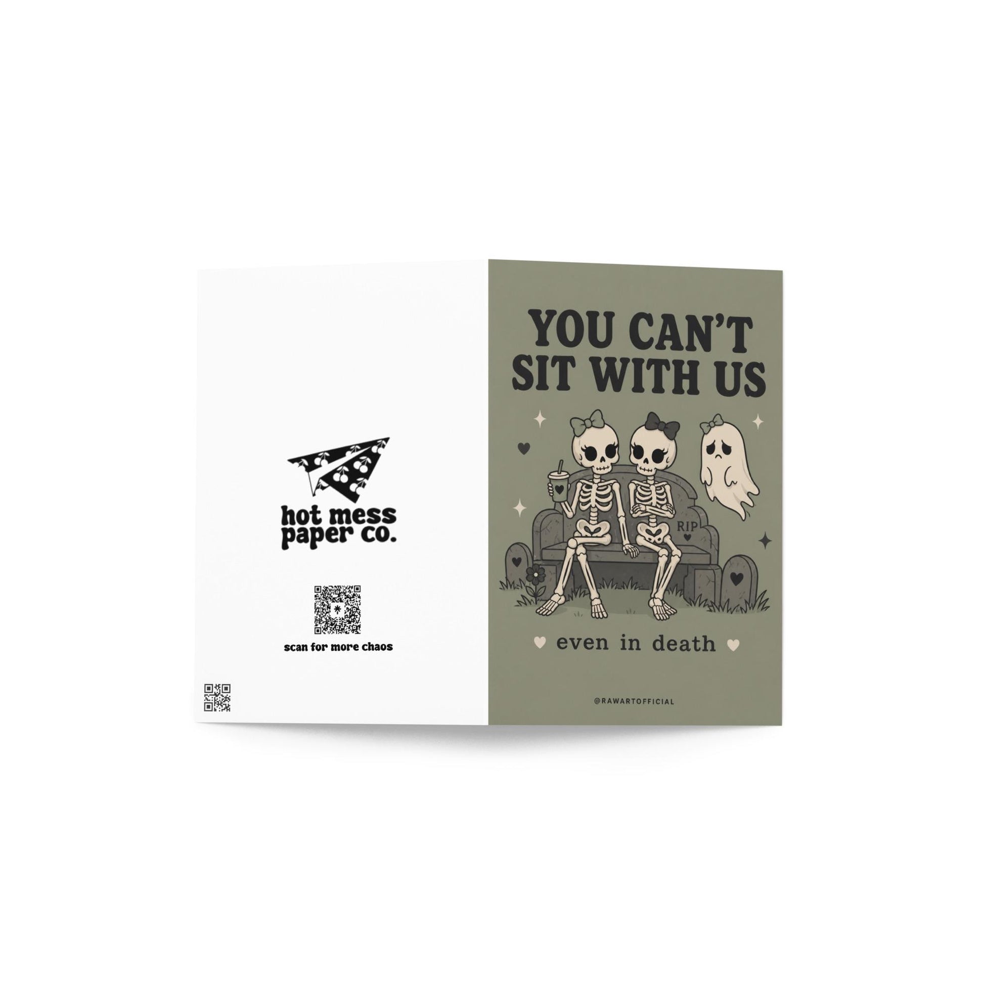 Funny spooky card with skeleton friends rejecting a ghost saying you cannot sit with us