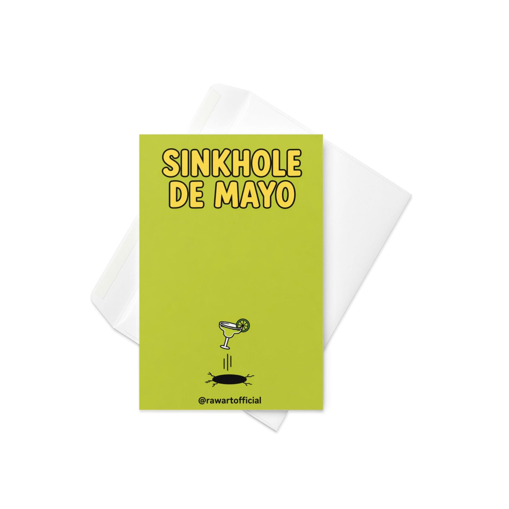 Minimal funny Cinco de Mayo card with a margarita falling into a sinkhole and text “Sinkhole De Mayo” on a green background