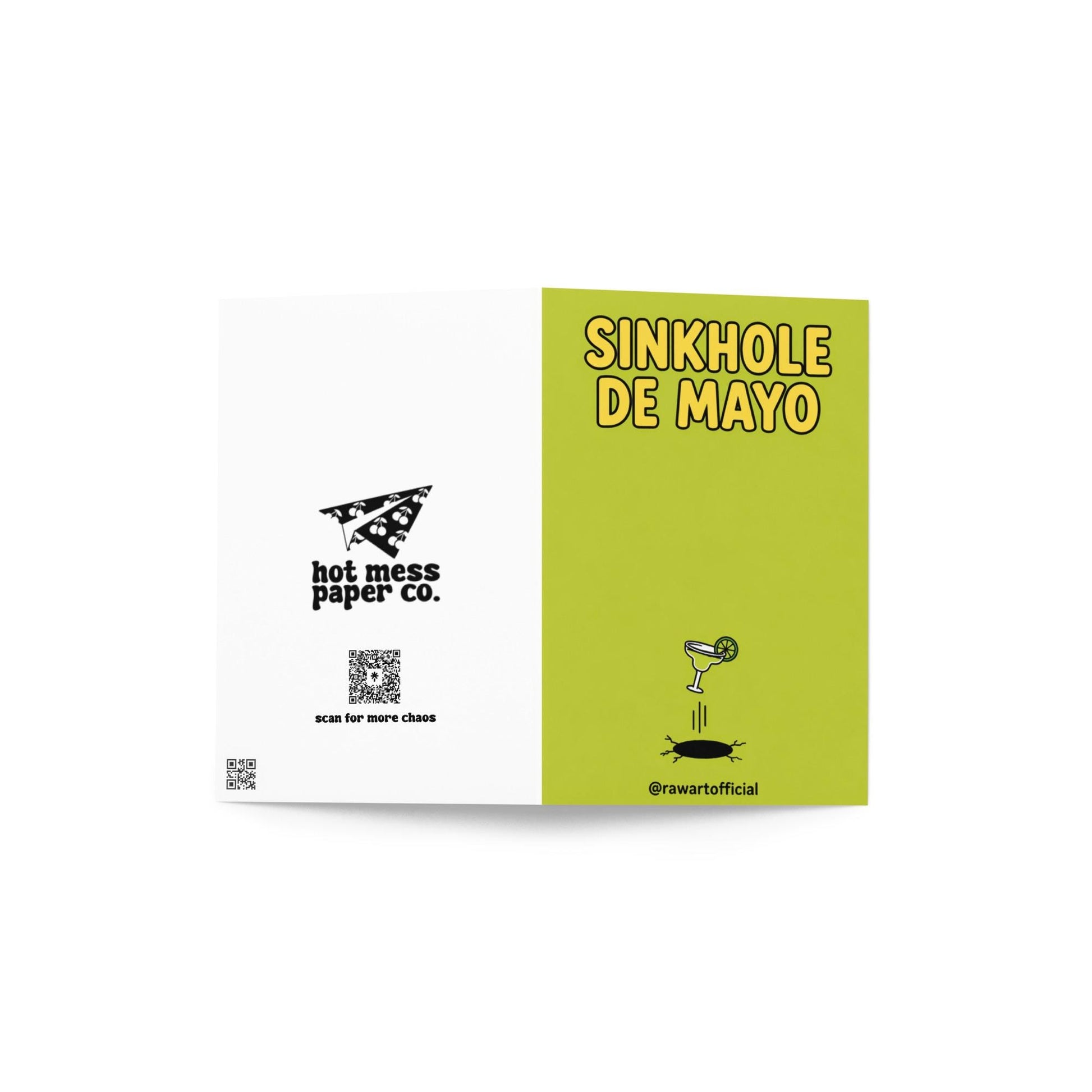 Minimal funny Cinco de Mayo card with a margarita falling into a sinkhole and text “Sinkhole De Mayo” on a green background