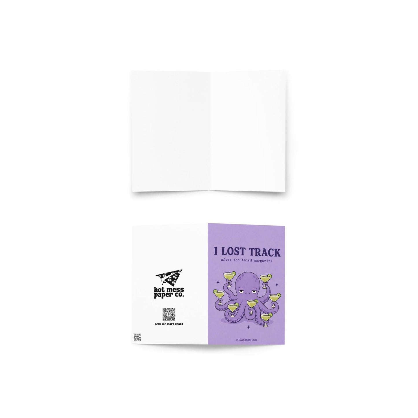 Funny drinking greeting card with an octopus holding margaritas and text “I lost track after the third margarita” on a purple background