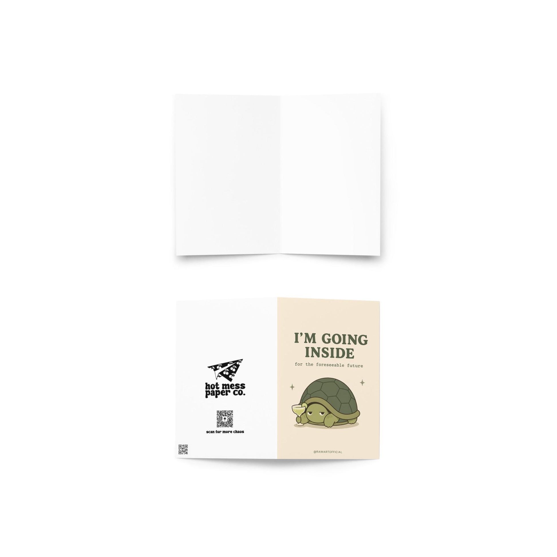 Funny introvert greeting card with a turtle holding a margarita and text “I’m going inside for the foreseeable future” on a neutral background