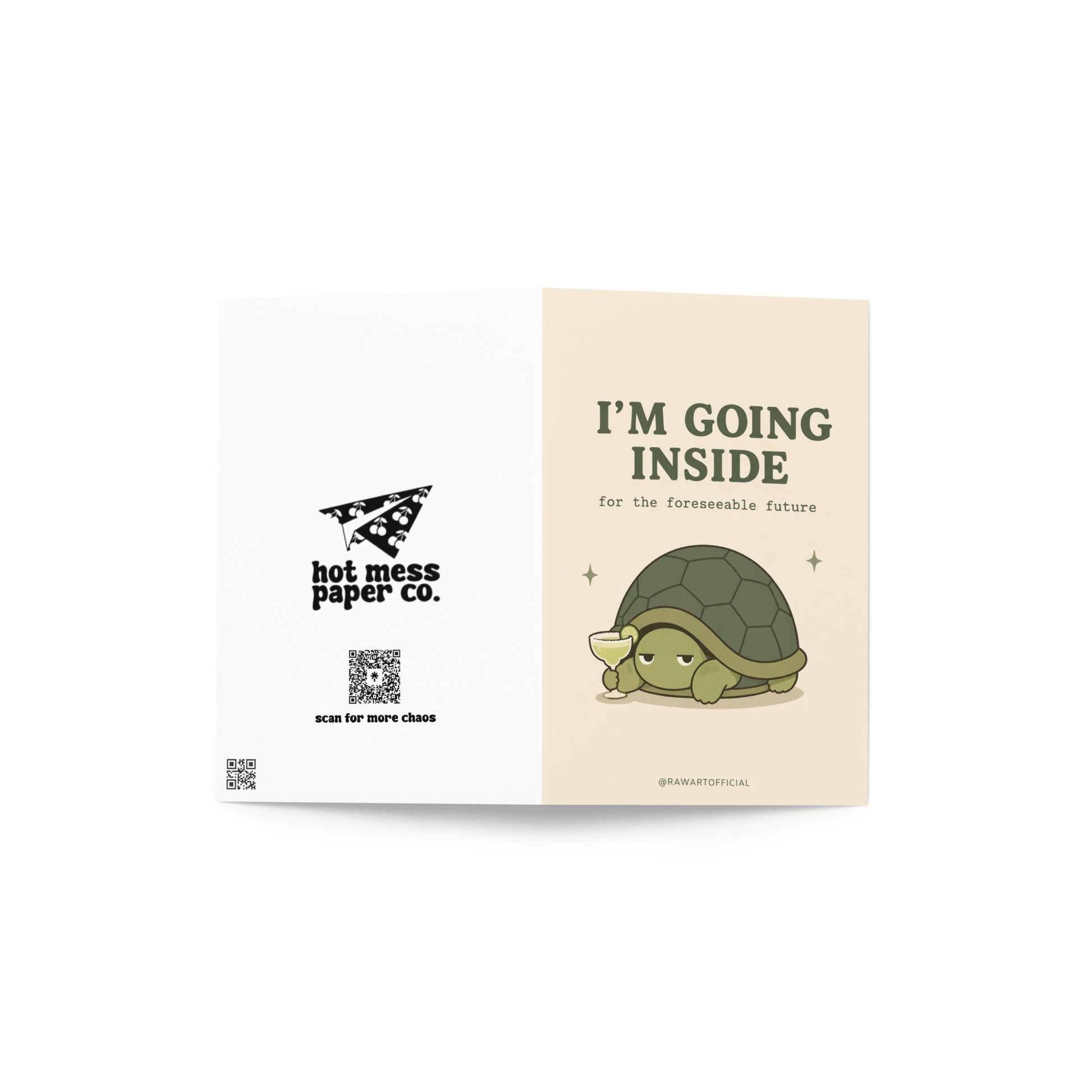 Funny introvert greeting card with a turtle holding a margarita and text “I’m going inside for the foreseeable future” on a neutral background