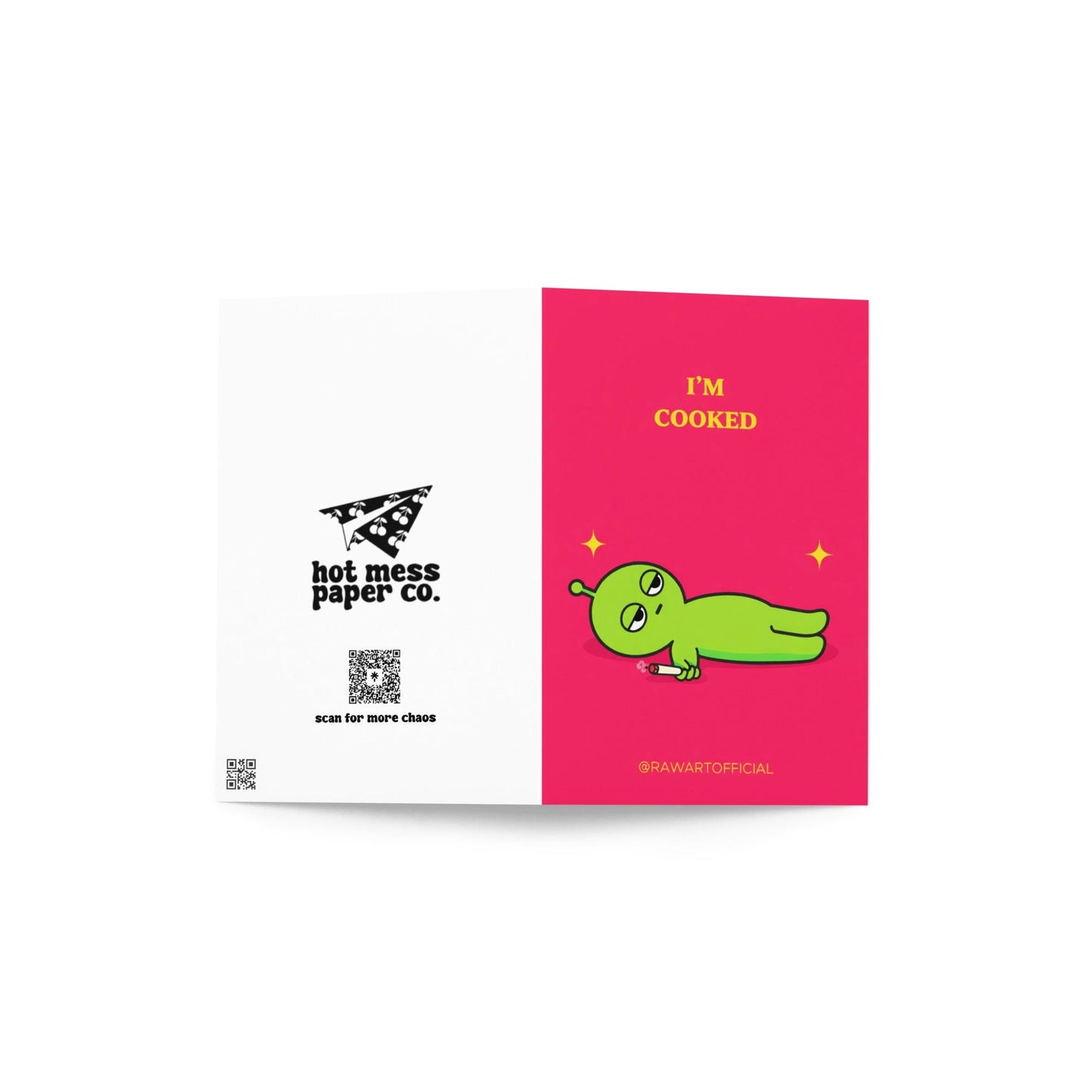 Funny stoner greeting card with green alien lying down holding joint, text says “I’m cooked” on pink background