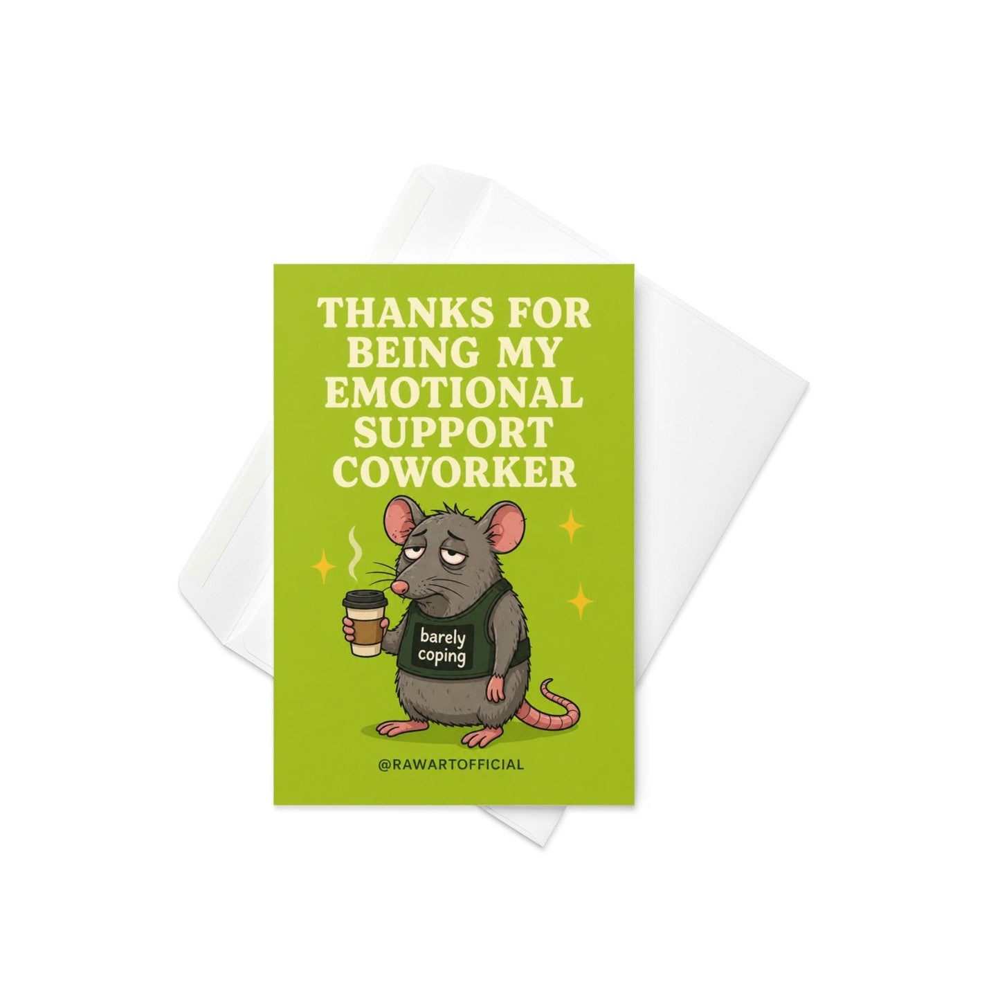 Funny coworker thank you card with tired possum holding coffee and “barely coping” shirt on green background